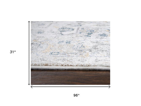 8' Beige Blue Gray And Rust Medallion Area Rug