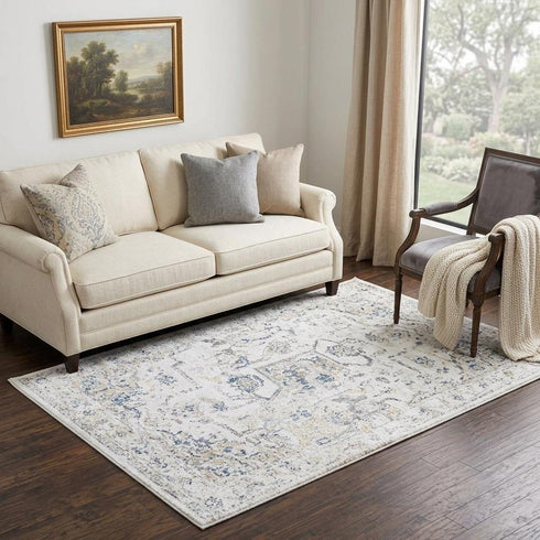 5' X 8' Beige Blue Gray And Rust Medallion Area Rug