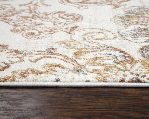 8' Beige Copper And Gray Damask Area Rug