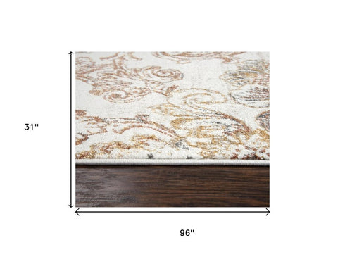 8' Beige Copper And Gray Damask Area Rug