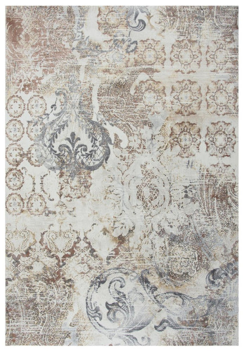 8' Beige Copper And Gray Damask Area Rug