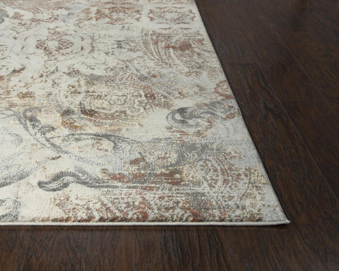 8' Beige Copper And Gray Damask Area Rug