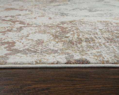 8' Beige Copper And Gray Damask Area Rug