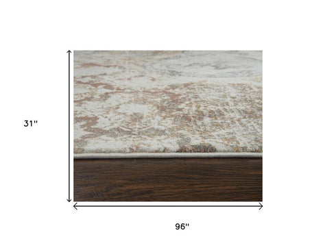 8' Beige Copper And Gray Damask Area Rug