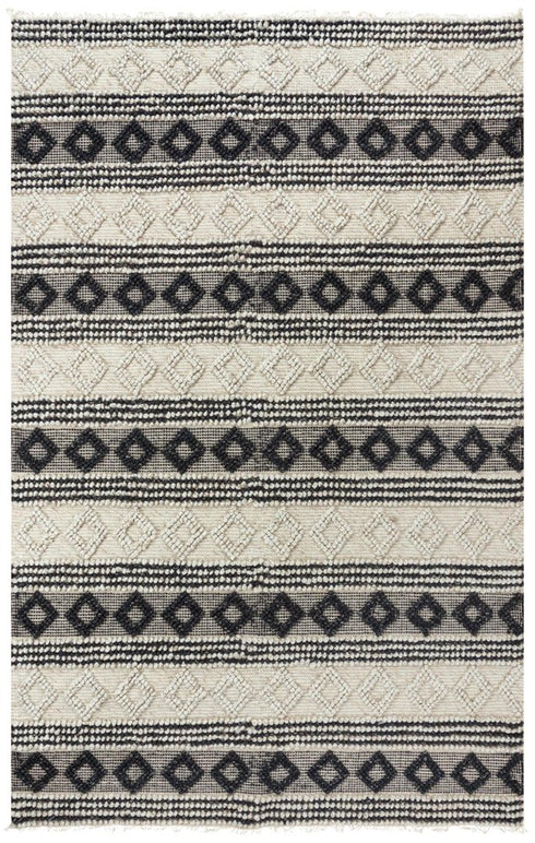 5' X 8' Beige Navy Blue And Blue Wool Geometric Hand Woven Area Rug