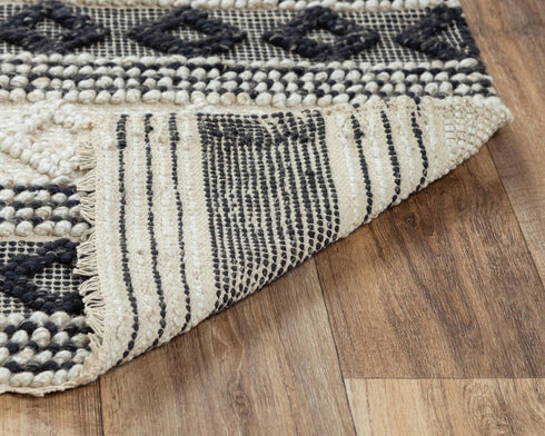 5' X 8' Beige Navy Blue And Blue Wool Geometric Hand Woven Area Rug