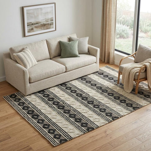 5' X 8' Beige Navy Blue And Blue Wool Geometric Hand Woven Area Rug
