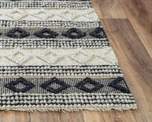 8' X 10' Beige Navy Blue And Blue Wool Geometric Hand Woven Area Rug