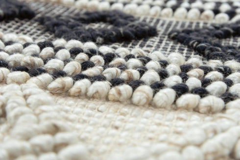 8' X 10' Beige Navy Blue And Blue Wool Geometric Hand Woven Area Rug
