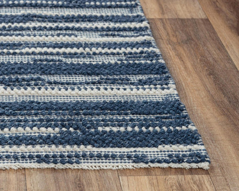5' X 8' Ivory And Blue Wool Striped Hand Woven Area Rug