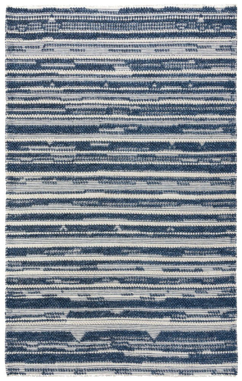 8' X 10' Ivory And Blue Wool Striped Hand Woven Area Rug