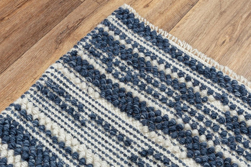 8' X 10' Ivory And Blue Wool Striped Hand Woven Area Rug