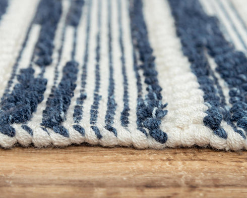 8' X 10' Ivory And Blue Wool Striped Hand Woven Area Rug