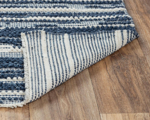 8' X 10' Ivory And Blue Wool Striped Hand Woven Area Rug