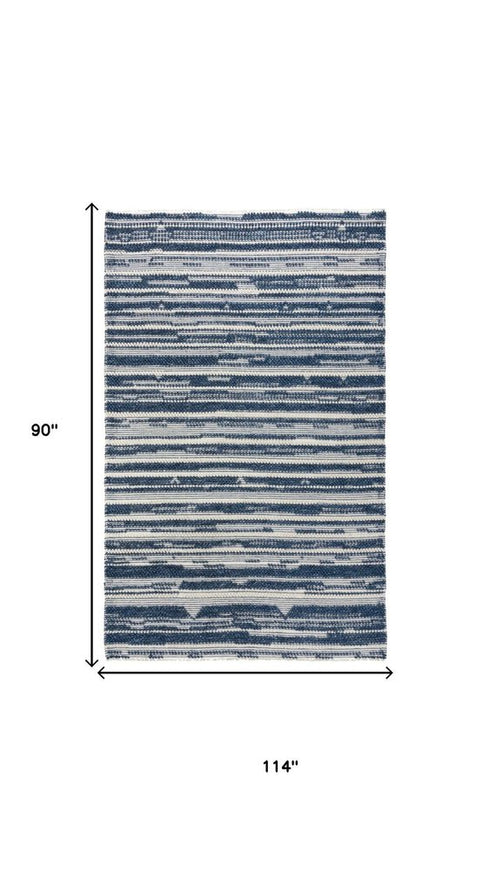 8' X 10' Ivory And Blue Wool Striped Hand Woven Area Rug