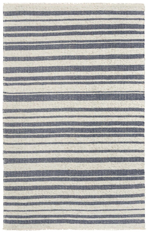 5' X 8' Ivory And Blue Wool Striped Hand Woven Area Rug