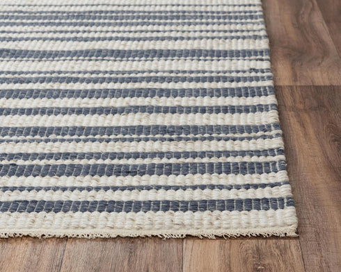 5' X 8' Ivory And Blue Wool Striped Hand Woven Area Rug