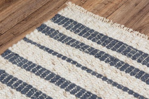 5' X 8' Ivory And Blue Wool Striped Hand Woven Area Rug