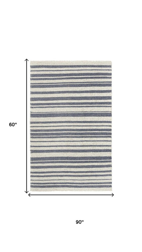 5' X 8' Ivory And Blue Wool Striped Hand Woven Area Rug