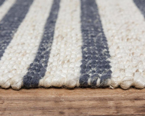 9' X 12' Ivory And Blue Wool Striped Hand Woven Area Rug