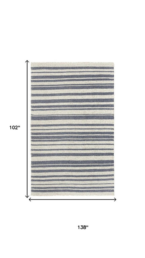9' X 12' Ivory And Blue Wool Striped Hand Woven Area Rug