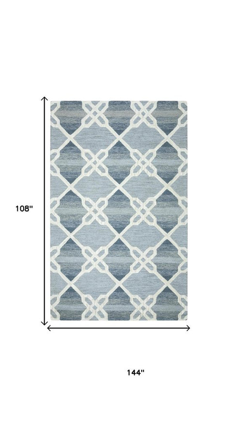 9' X 12' Gray And Blue Wool Trellis Hand Tufted Area Rug