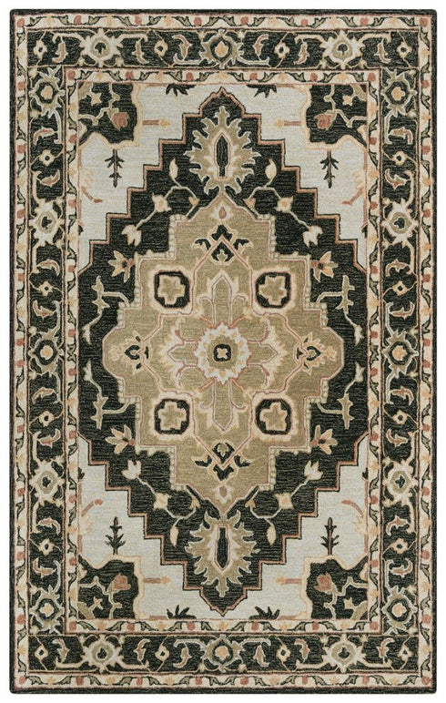 5' X 8' Black And Brown Wool Medallion Hand Tufted Area Rug
