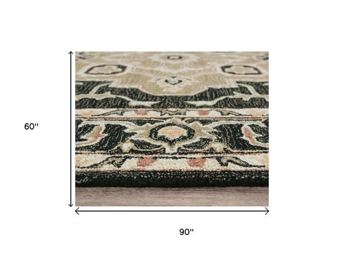 5' X 8' Black And Brown Wool Medallion Hand Tufted Area Rug
