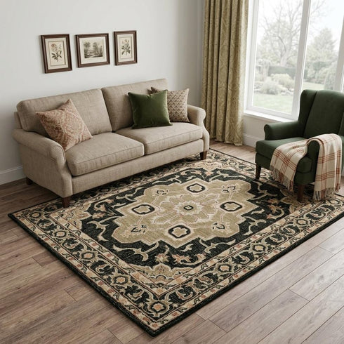 5' X 8' Black And Brown Wool Medallion Hand Tufted Area Rug