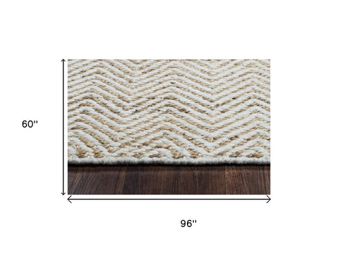 5' X 8' Natural And Beige Wool Chevron Hand Woven Area Rug