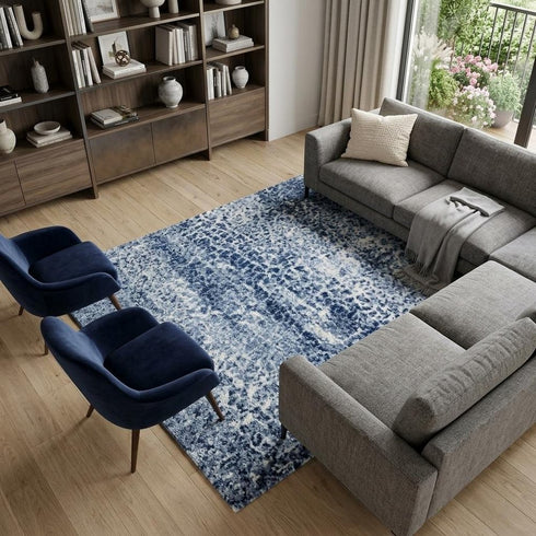 8' X 10' Blue Dark Blue And Ivory Abstract Area Rug