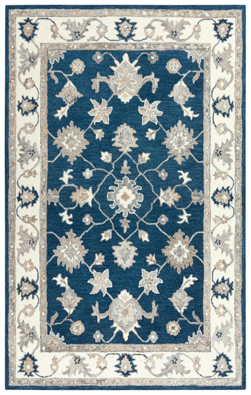5' X 8' Navy Blue And Ivory Wool Oriental Hand Tufted Area Rug
