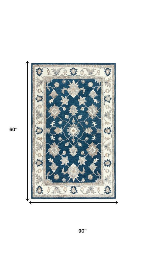 5' X 8' Navy Blue And Ivory Wool Oriental Hand Tufted Area Rug