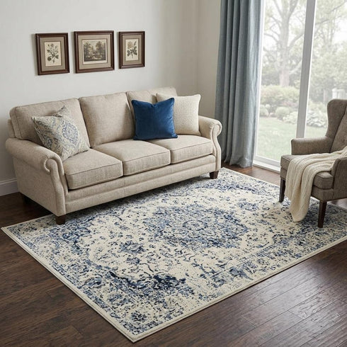 5' X 8' Blue And Cream Medallion Area Rug