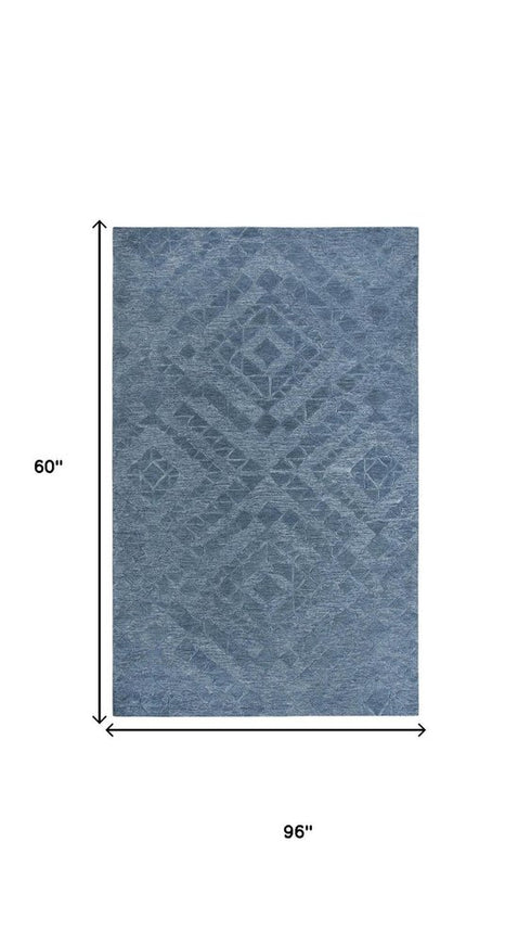 5' X 8' Blue And Dark Blue Wool Geometric Hand Tufted Area Rug