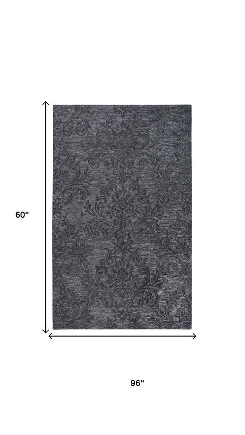 5' X 8' Charcoal And Gray Wool Damask Hand Tufted Area Rug