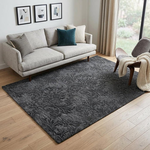 5' X 8' Charcoal And Gray Wool Damask Hand Tufted Area Rug