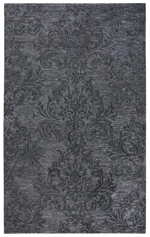 8' X 10' Charcoal And Gray Wool Damask Hand Tufted Area Rug