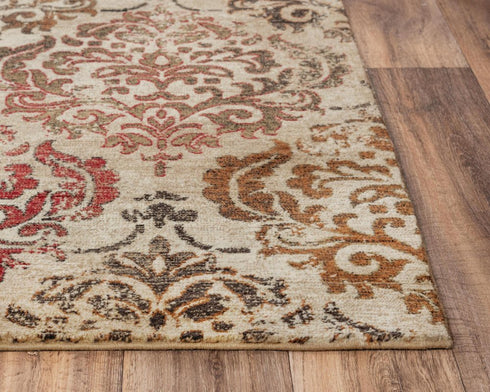 5' X 8' Beige Brown Rust And Red New Zealand Lambs Wool Damask Hand Carved Handmade Area Rug