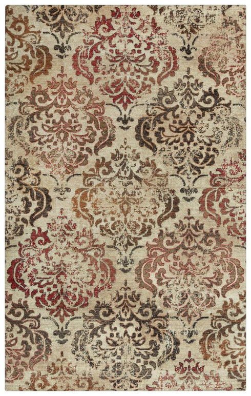 8' X 10' Beige Brown Rust And Red New Zealand Lambs Wool Damask Hand Carved Handmade Area Rug