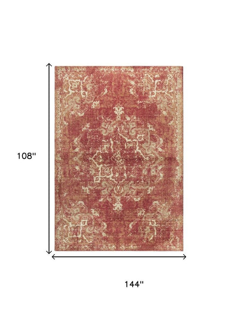 9' X 12' Red And Beige New Zealand Lambs Wool Medallion Hand Carved Handmade Area Rug