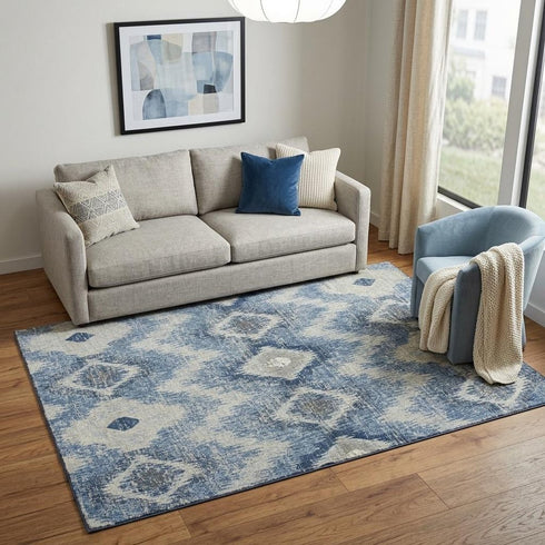5' X 8' Blue Dark Blue And Gray New Zealand Lambs Wool Ikat Hand Carved Handmade Area Rug