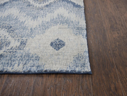 8' X 10' Blue Dark Blue And Gray New Zealand Lambs Wool Ikat Hand Carved Handmade Area Rug