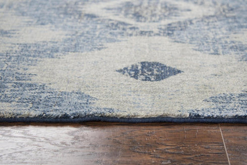8' X 10' Blue Dark Blue And Gray New Zealand Lambs Wool Ikat Hand Carved Handmade Area Rug