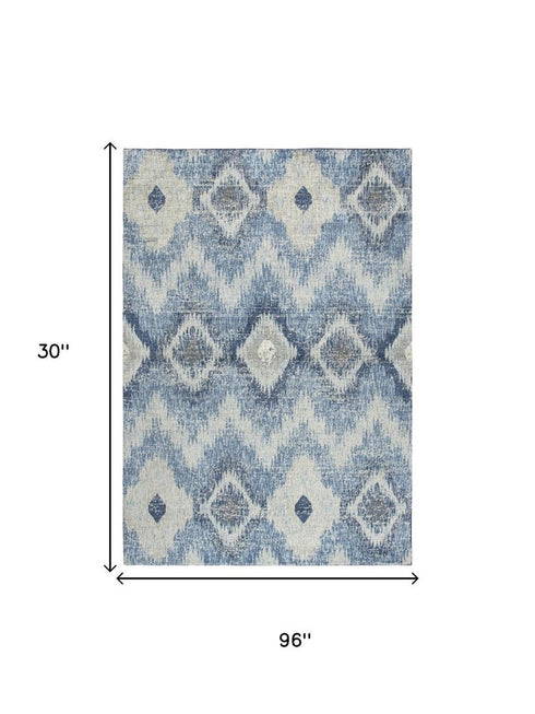 8' Blue Dark Blue And Gray New Zealand Lambs Wool Ikat Hand Carved Handmade Area Rug