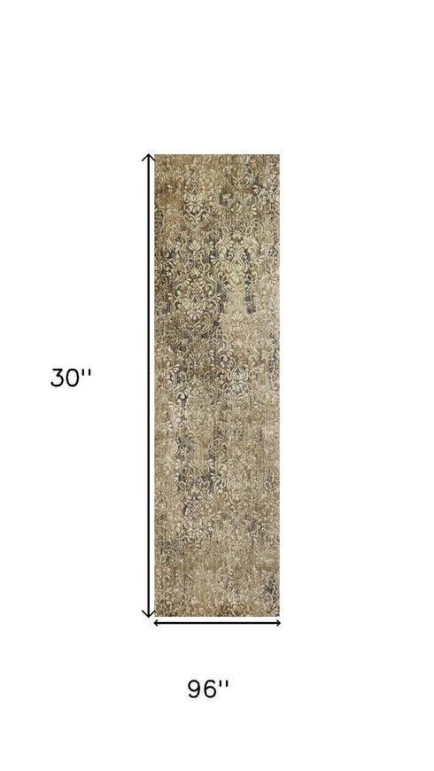8' Gold Beige And Ivory New Zealand Lambs Wool Damask Hand Carved Handmade Area Rug