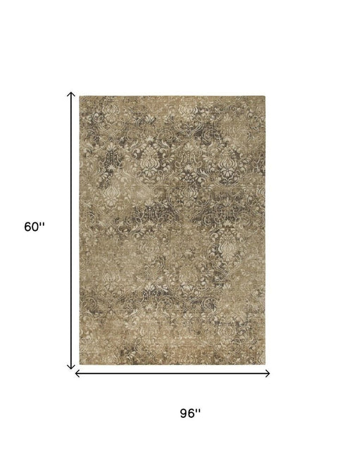 5' X 8' Gold Beige And Ivory New Zealand Lambs Wool Damask Hand Carved Handmade Area Rug