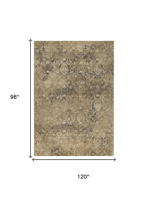 8' X 10' Gold Beige And Ivory New Zealand Lambs Wool Damask Hand Carved Handmade Area Rug