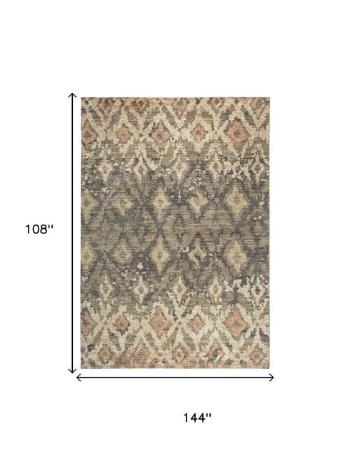 9' X 12' Brown And Natural New Zealand Lambs Wool Ikat Hand Carved Handmade Area Rug