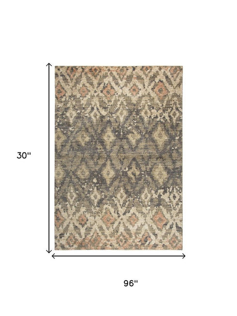 8' Brown And Natural New Zealand Lambs Wool Ikat Hand Carved Handmade Area Rug